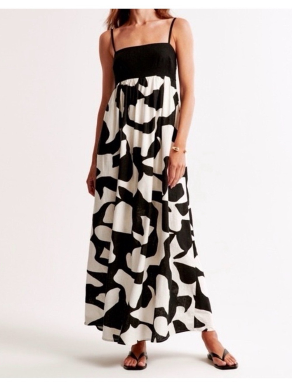 Abercrombie‎ & Fitch Tie Back Babydoll Maxi Dress M Black White Linen Blend